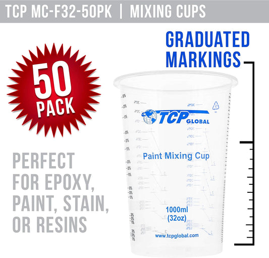 32 oz. (1000ml) Graduated Plastic Mixing Cups (Box of 50) - Disposable Plastic Measuring Cups for Liquids, Paints, Resin, Epoxy, Art, Kitchen - Ratios 2-1, 3-1, 4-1 ML