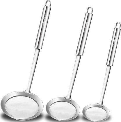 Stainless Steel Fat Skimmer Spoon - Set of 3 Professional Kitchen Fine Mesh Food Strainer and Hot Pot Skimmer with Long Handle for Skimming, Cooking, Frying, Grease, Gravy and Foam (3"+4"+4.7")