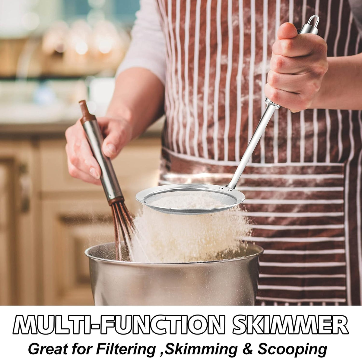 Stainless Steel Fat Skimmer Spoon - Set of 3 Professional Kitchen Fine Mesh Food Strainer and Hot Pot Skimmer with Long Handle for Skimming, Cooking, Frying, Grease, Gravy and Foam (3"+4"+4.7")