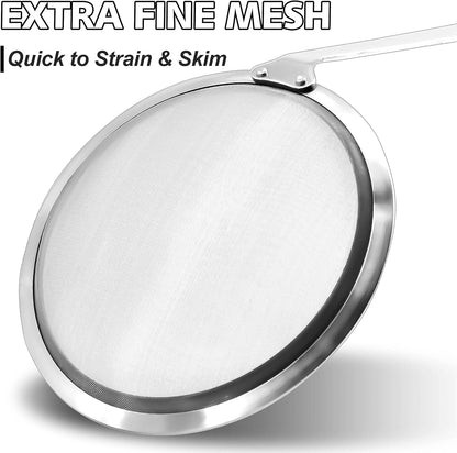 Stainless Steel Fat Skimmer Spoon - Set of 3 Professional Kitchen Fine Mesh Food Strainer and Hot Pot Skimmer with Long Handle for Skimming, Cooking, Frying, Grease, Gravy and Foam (3"+4"+4.7")