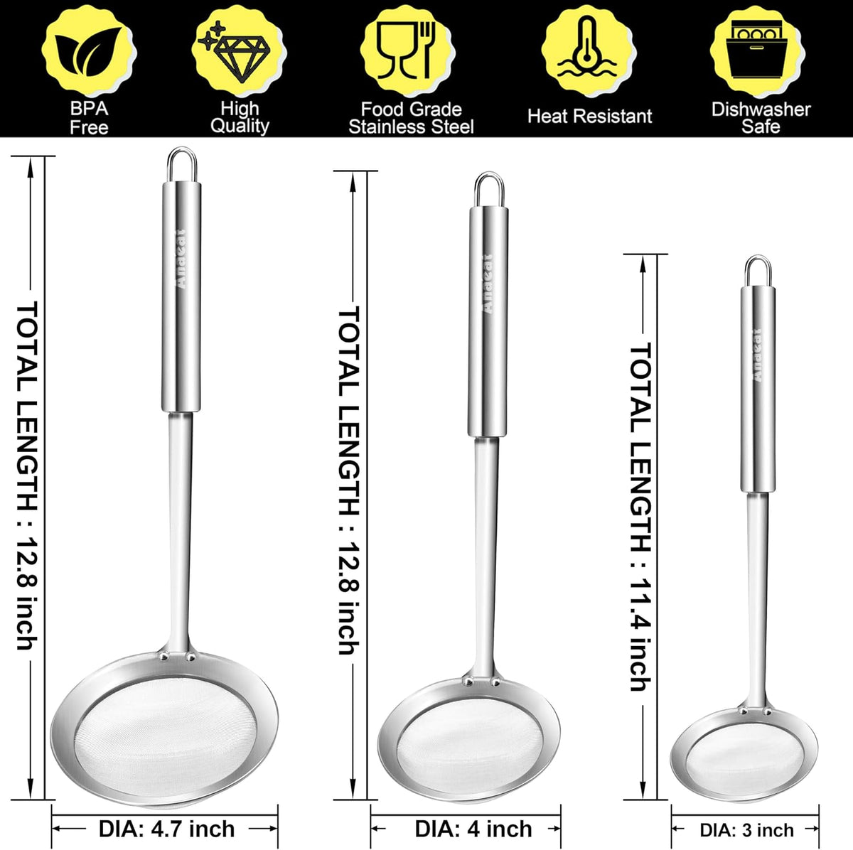 Stainless Steel Fat Skimmer Spoon - Set of 3 Professional Kitchen Fine Mesh Food Strainer and Hot Pot Skimmer with Long Handle for Skimming, Cooking, Frying, Grease, Gravy and Foam (3"+4"+4.7")