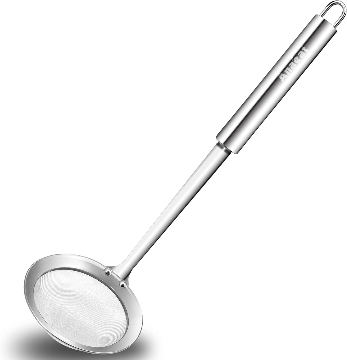 Stainless Steel Fat Skimmer Spoon - Set of 3 Professional Kitchen Fine Mesh Food Strainer and Hot Pot Skimmer with Long Handle for Skimming, Cooking, Frying, Grease, Gravy and Foam (3"+4"+4.7")