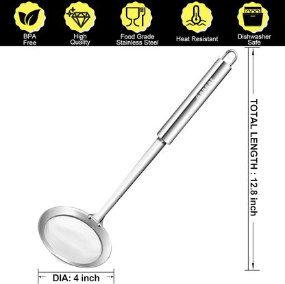 Stainless Steel Fat Skimmer Spoon - Set of 3 Professional Kitchen Fine Mesh Food Strainer and Hot Pot Skimmer with Long Handle for Skimming, Cooking, Frying, Grease, Gravy and Foam (3"+4"+4.7")