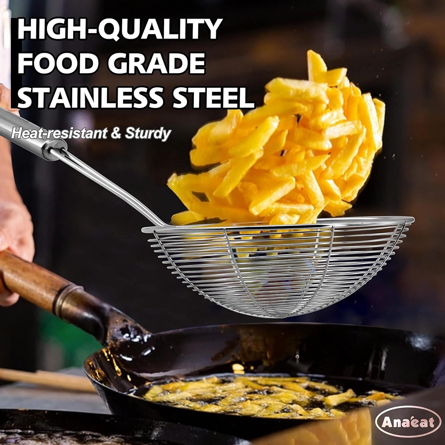 Stainless Steel Fat Skimmer Spoon - Set of 3 Professional Kitchen Fine Mesh Food Strainer and Hot Pot Skimmer with Long Handle for Skimming, Cooking, Frying, Grease, Gravy and Foam (3"+4"+4.7")