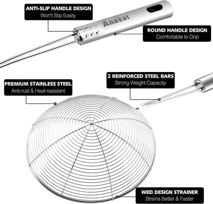 Stainless Steel Fat Skimmer Spoon - Set of 3 Professional Kitchen Fine Mesh Food Strainer and Hot Pot Skimmer with Long Handle for Skimming, Cooking, Frying, Grease, Gravy and Foam (3"+4"+4.7")