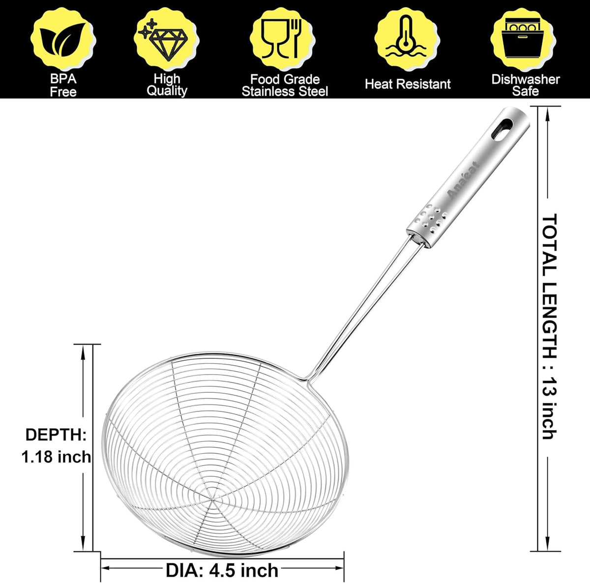 Stainless Steel Fat Skimmer Spoon - Set of 3 Professional Kitchen Fine Mesh Food Strainer and Hot Pot Skimmer with Long Handle for Skimming, Cooking, Frying, Grease, Gravy and Foam (3"+4"+4.7")