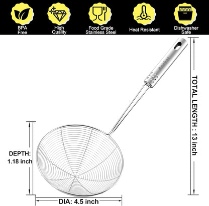 Stainless Steel Fat Skimmer Spoon - Set of 3 Professional Kitchen Fine Mesh Food Strainer and Hot Pot Skimmer with Long Handle for Skimming, Cooking, Frying, Grease, Gravy and Foam (3"+4"+4.7")