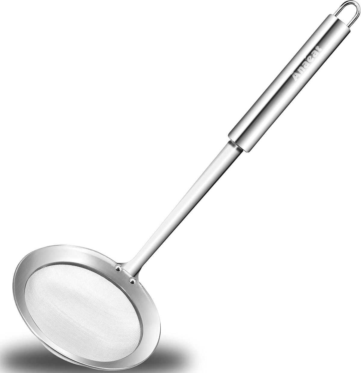 Stainless Steel Fat Skimmer Spoon - Set of 3 Professional Kitchen Fine Mesh Food Strainer and Hot Pot Skimmer with Long Handle for Skimming, Cooking, Frying, Grease, Gravy and Foam (3"+4"+4.7")
