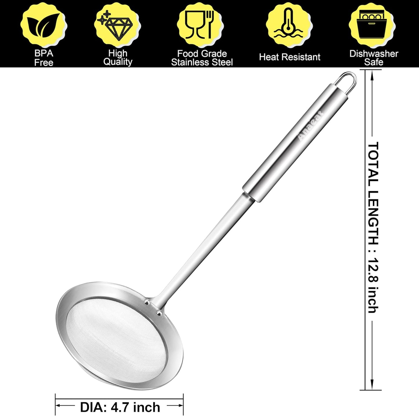Stainless Steel Fat Skimmer Spoon - Set of 3 Professional Kitchen Fine Mesh Food Strainer and Hot Pot Skimmer with Long Handle for Skimming, Cooking, Frying, Grease, Gravy and Foam (3"+4"+4.7")