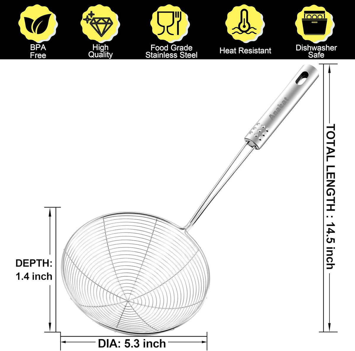 Stainless Steel Fat Skimmer Spoon - Set of 3 Professional Kitchen Fine Mesh Food Strainer and Hot Pot Skimmer with Long Handle for Skimming, Cooking, Frying, Grease, Gravy and Foam (3"+4"+4.7")