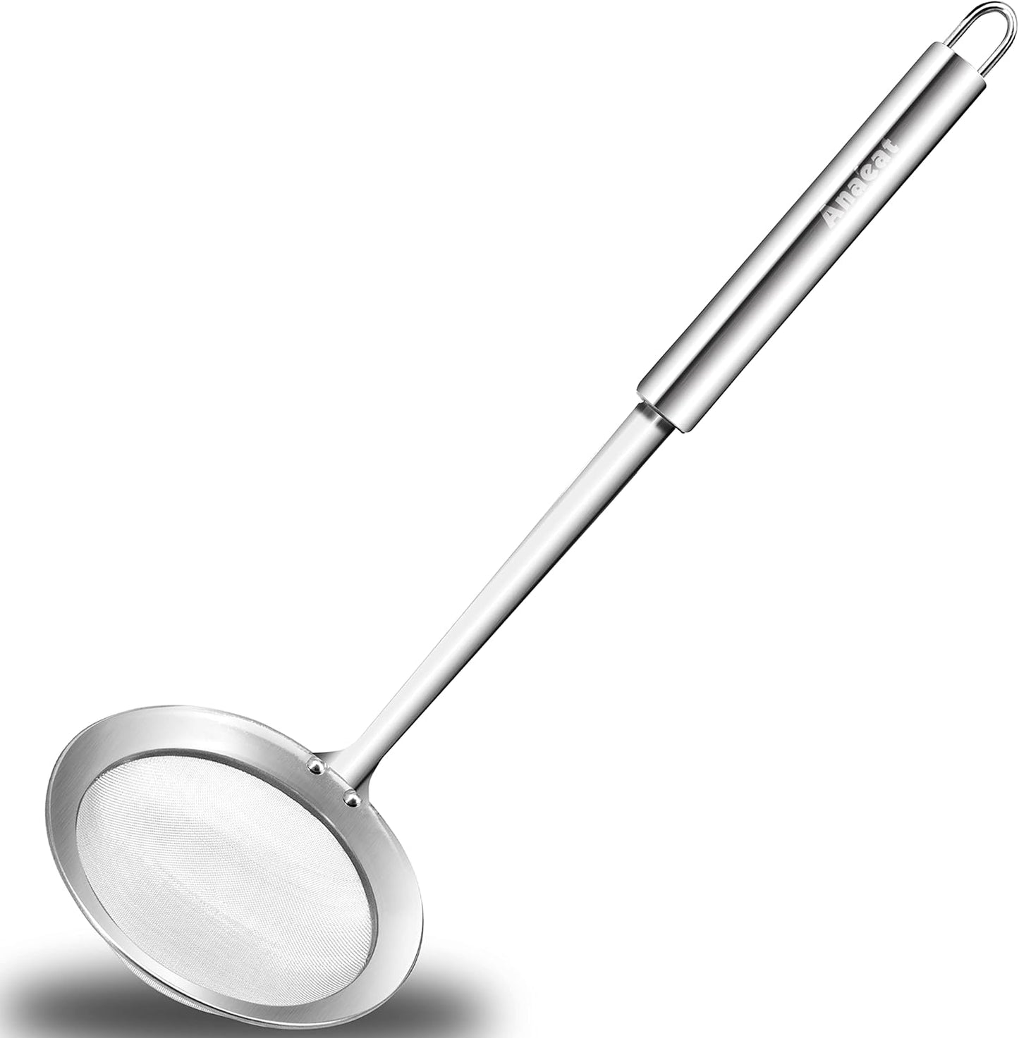 Stainless Steel Fat Skimmer Spoon - Set of 3 Professional Kitchen Fine Mesh Food Strainer and Hot Pot Skimmer with Long Handle for Skimming, Cooking, Frying, Grease, Gravy and Foam (3"+4"+4.7")