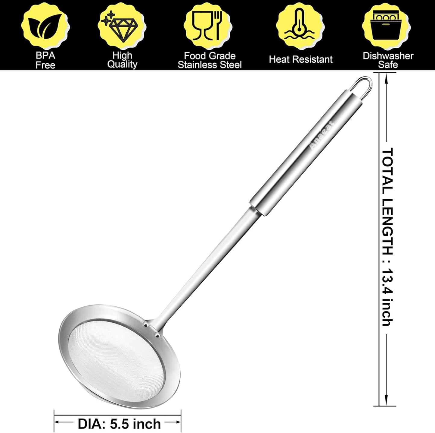 Stainless Steel Fat Skimmer Spoon - Set of 3 Professional Kitchen Fine Mesh Food Strainer and Hot Pot Skimmer with Long Handle for Skimming, Cooking, Frying, Grease, Gravy and Foam (3"+4"+4.7")