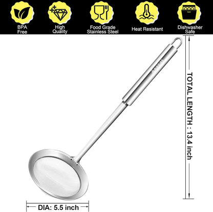 Stainless Steel Fat Skimmer Spoon - Set of 3 Professional Kitchen Fine Mesh Food Strainer and Hot Pot Skimmer with Long Handle for Skimming, Cooking, Frying, Grease, Gravy and Foam (3"+4"+4.7")