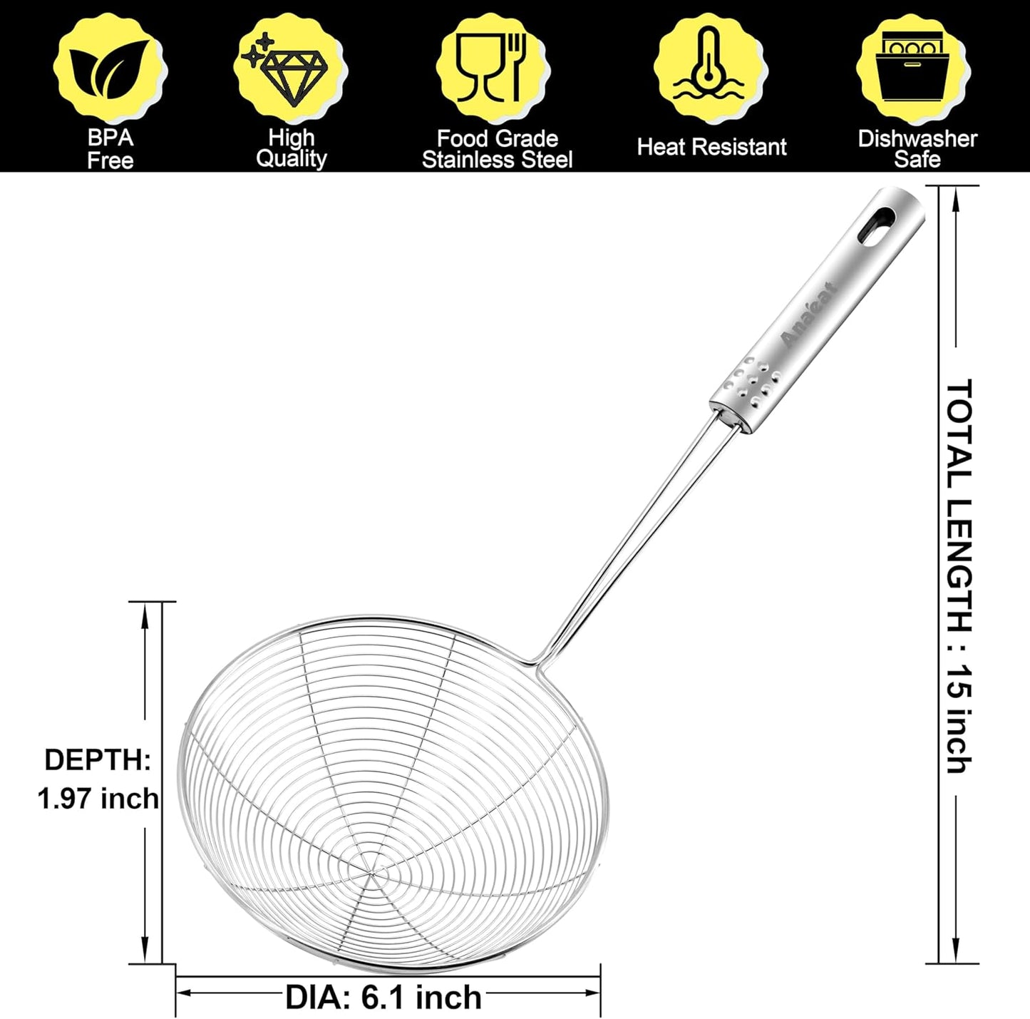 Stainless Steel Fat Skimmer Spoon - Set of 3 Professional Kitchen Fine Mesh Food Strainer and Hot Pot Skimmer with Long Handle for Skimming, Cooking, Frying, Grease, Gravy and Foam (3"+4"+4.7")