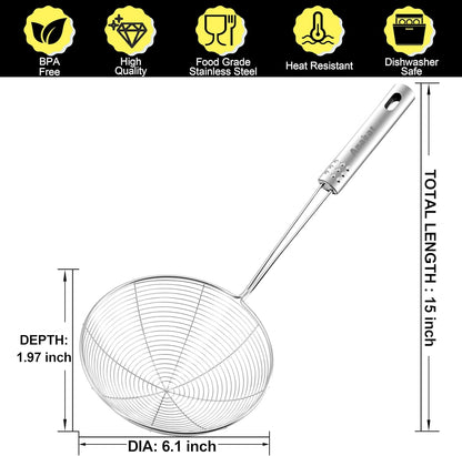 Stainless Steel Fat Skimmer Spoon - Set of 3 Professional Kitchen Fine Mesh Food Strainer and Hot Pot Skimmer with Long Handle for Skimming, Cooking, Frying, Grease, Gravy and Foam (3"+4"+4.7")
