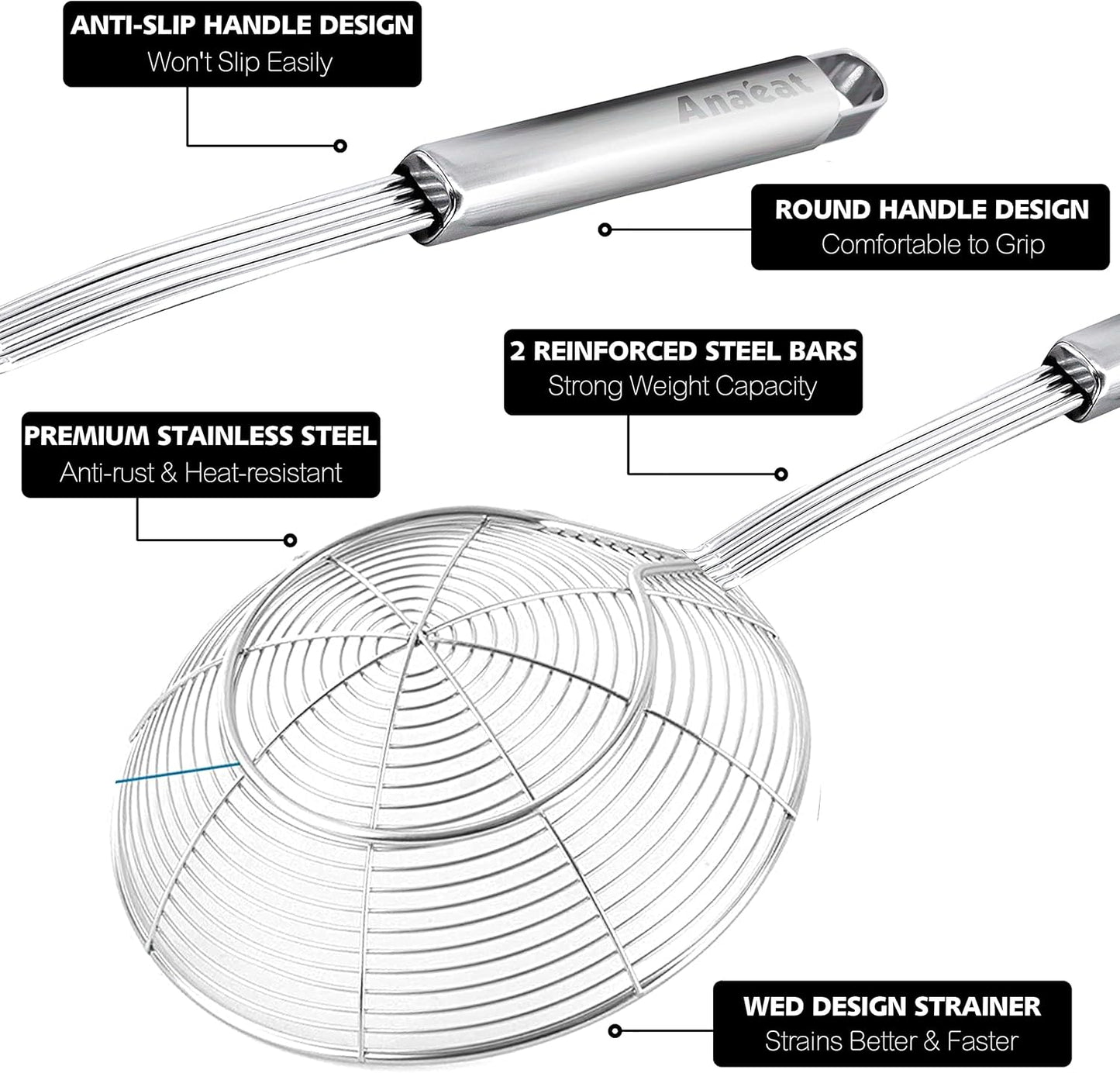 Stainless Steel Fat Skimmer Spoon - Set of 3 Professional Kitchen Fine Mesh Food Strainer and Hot Pot Skimmer with Long Handle for Skimming, Cooking, Frying, Grease, Gravy and Foam (3"+4"+4.7")