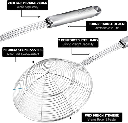 Stainless Steel Fat Skimmer Spoon - Set of 3 Professional Kitchen Fine Mesh Food Strainer and Hot Pot Skimmer with Long Handle for Skimming, Cooking, Frying, Grease, Gravy and Foam (3"+4"+4.7")