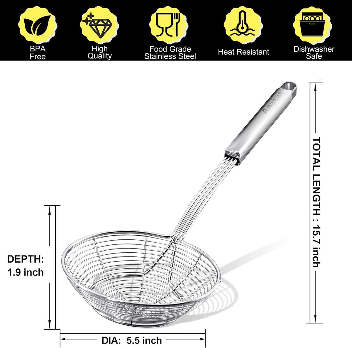 Stainless Steel Fat Skimmer Spoon - Set of 3 Professional Kitchen Fine Mesh Food Strainer and Hot Pot Skimmer with Long Handle for Skimming, Cooking, Frying, Grease, Gravy and Foam (3"+4"+4.7")