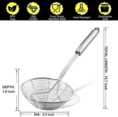 Stainless Steel Fat Skimmer Spoon - Set of 3 Professional Kitchen Fine Mesh Food Strainer and Hot Pot Skimmer with Long Handle for Skimming, Cooking, Frying, Grease, Gravy and Foam (3"+4"+4.7")
