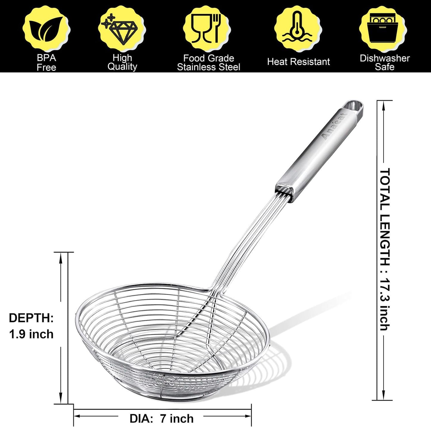 Stainless Steel Fat Skimmer Spoon - Set of 3 Professional Kitchen Fine Mesh Food Strainer and Hot Pot Skimmer with Long Handle for Skimming, Cooking, Frying, Grease, Gravy and Foam (3"+4"+4.7")
