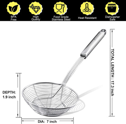 Stainless Steel Fat Skimmer Spoon - Set of 3 Professional Kitchen Fine Mesh Food Strainer and Hot Pot Skimmer with Long Handle for Skimming, Cooking, Frying, Grease, Gravy and Foam (3"+4"+4.7")
