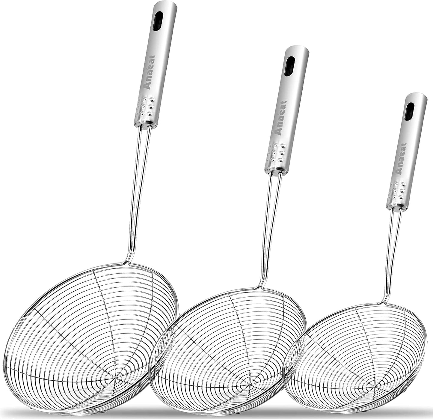Stainless Steel Fat Skimmer Spoon - Set of 3 Professional Kitchen Fine Mesh Food Strainer and Hot Pot Skimmer with Long Handle for Skimming, Cooking, Frying, Grease, Gravy and Foam (3"+4"+4.7")