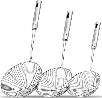 Stainless Steel Fat Skimmer Spoon - Set of 3 Professional Kitchen Fine Mesh Food Strainer and Hot Pot Skimmer with Long Handle for Skimming, Cooking, Frying, Grease, Gravy and Foam (3"+4"+4.7")