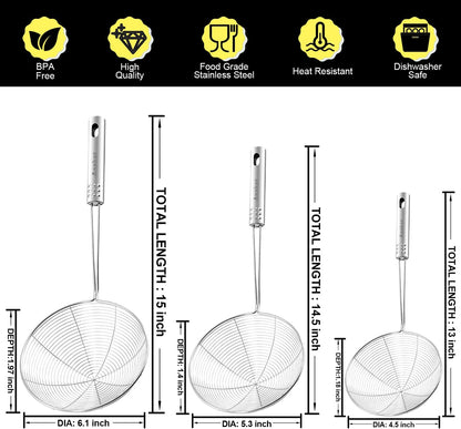 Stainless Steel Fat Skimmer Spoon - Set of 3 Professional Kitchen Fine Mesh Food Strainer and Hot Pot Skimmer with Long Handle for Skimming, Cooking, Frying, Grease, Gravy and Foam (3"+4"+4.7")