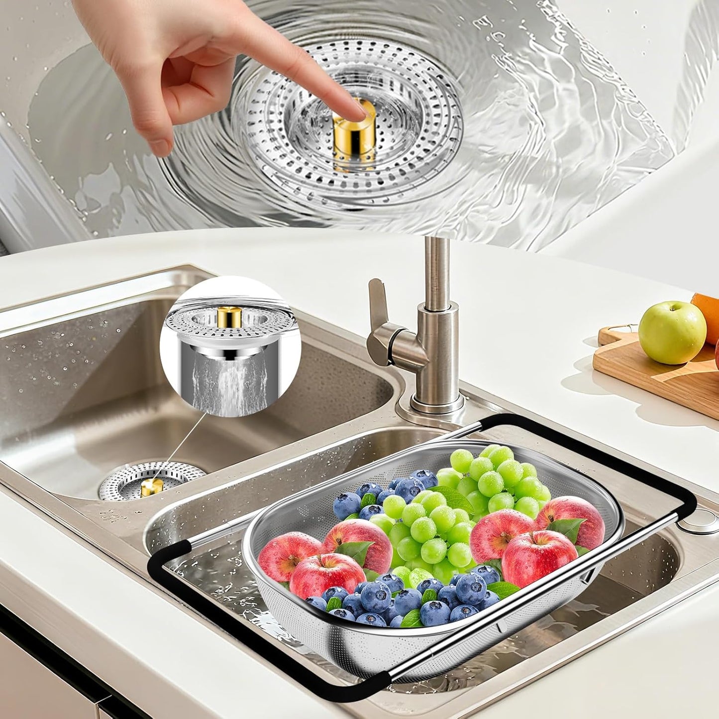 Kitchen Sink Strainer Combo including Over the Sink Colander & Kitchen Sink Strainer for Drain - Kitchen Essential Accessaries