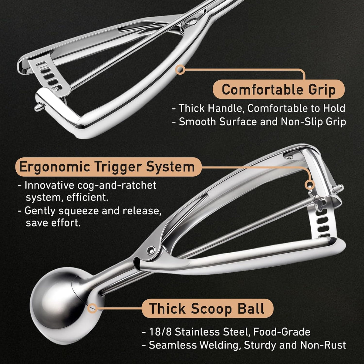 Cookie Scoop Set, Cookie Scoops for Baking Set of 3, Cookie Dough Scoop, 1 Tbsp/ 2 Tbsp/ 3 Tbsp, Melon Baller Scoop, Ice Cream Scoop with Trigger, for Cookie Cupcake Muffin Ice Cream Truffles