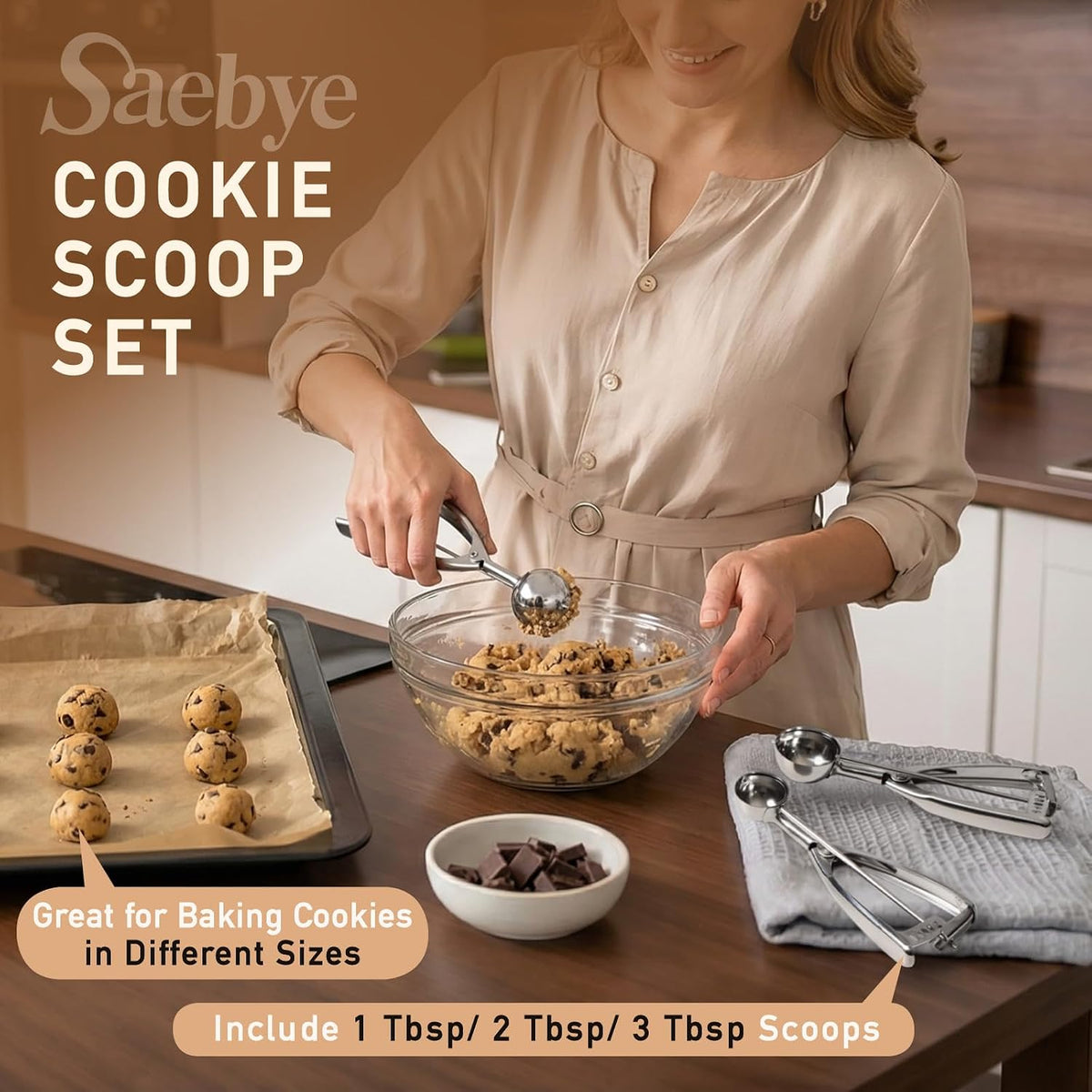 Cookie Scoop Set, Cookie Scoops for Baking Set of 3, Cookie Dough Scoop, 1 Tbsp/ 2 Tbsp/ 3 Tbsp, Melon Baller Scoop, Ice Cream Scoop with Trigger, for Cookie Cupcake Muffin Ice Cream Truffles