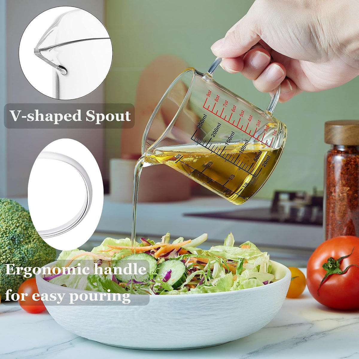 Glass Measuring Cup-[Insulated handle | V-Shaped Spout]-Made of High Borosilicate Glass Measuring Cup for Kitchen or Restaurant, Easy to Read, 250 ML (8 Oz, 1 Cup)