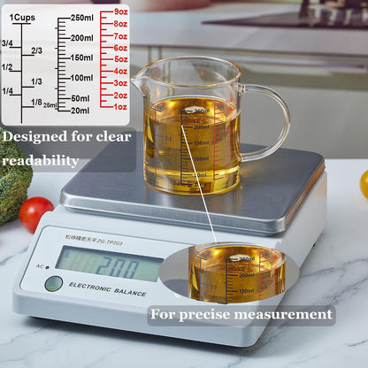 Glass Measuring Cup-[Insulated handle | V-Shaped Spout]-Made of High Borosilicate Glass Measuring Cup for Kitchen or Restaurant, Easy to Read, 250 ML (8 Oz, 1 Cup)
