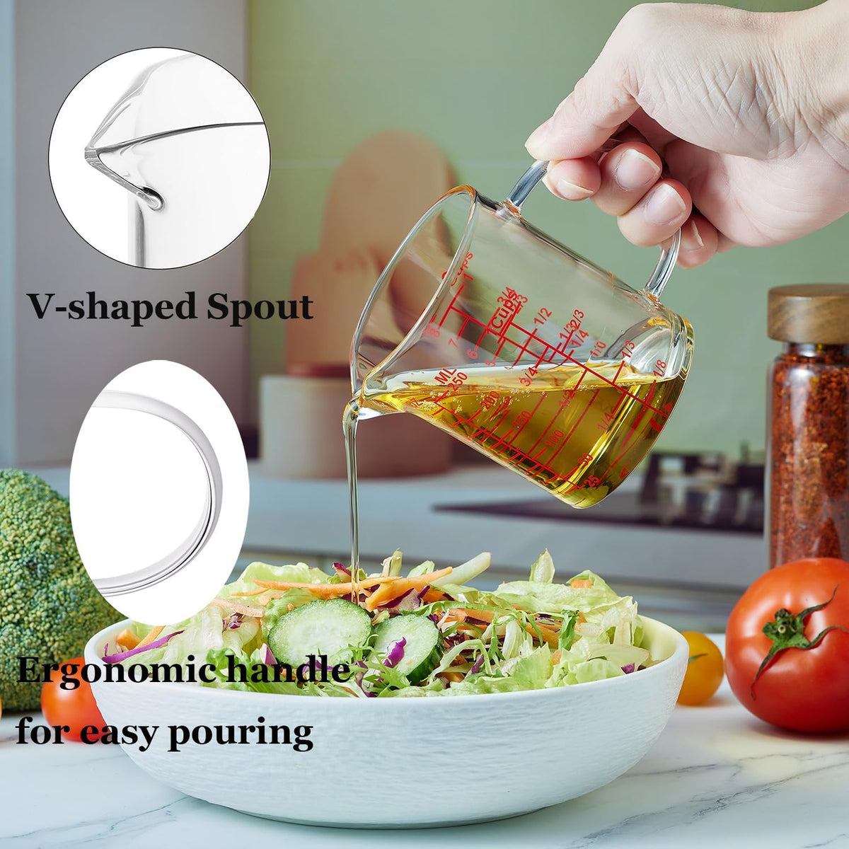 Glass Measuring Cup-[Insulated handle | V-Shaped Spout]-Made of High Borosilicate Glass Measuring Cup for Kitchen or Restaurant, Easy to Read, 250 ML (8 Oz, 1 Cup)