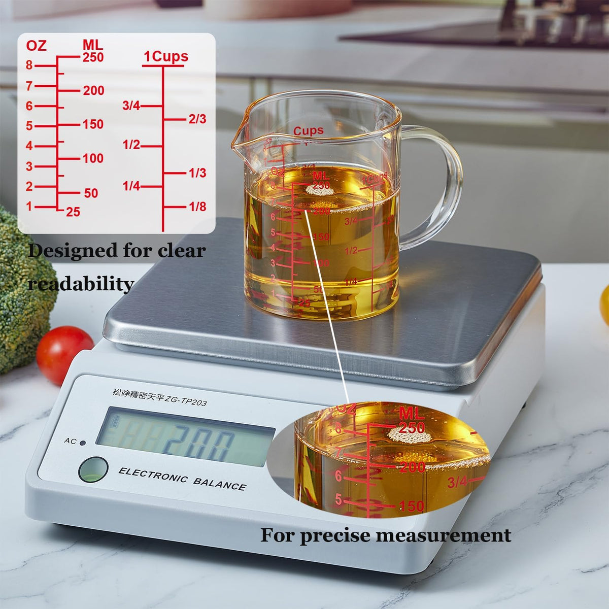 Glass Measuring Cup-[Insulated handle | V-Shaped Spout]-Made of High Borosilicate Glass Measuring Cup for Kitchen or Restaurant, Easy to Read, 250 ML (8 Oz, 1 Cup)