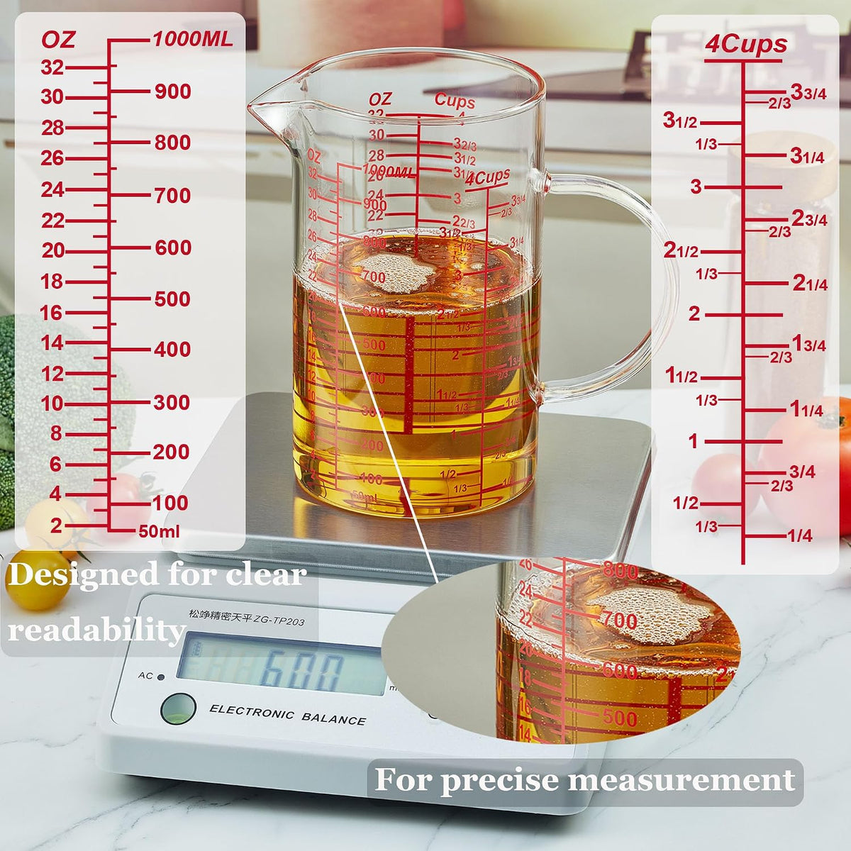 Glass Measuring Cup-[Insulated handle | V-Shaped Spout]-Made of High Borosilicate Glass Measuring Cup for Kitchen or Restaurant, Easy to Read, 250 ML (8 Oz, 1 Cup)