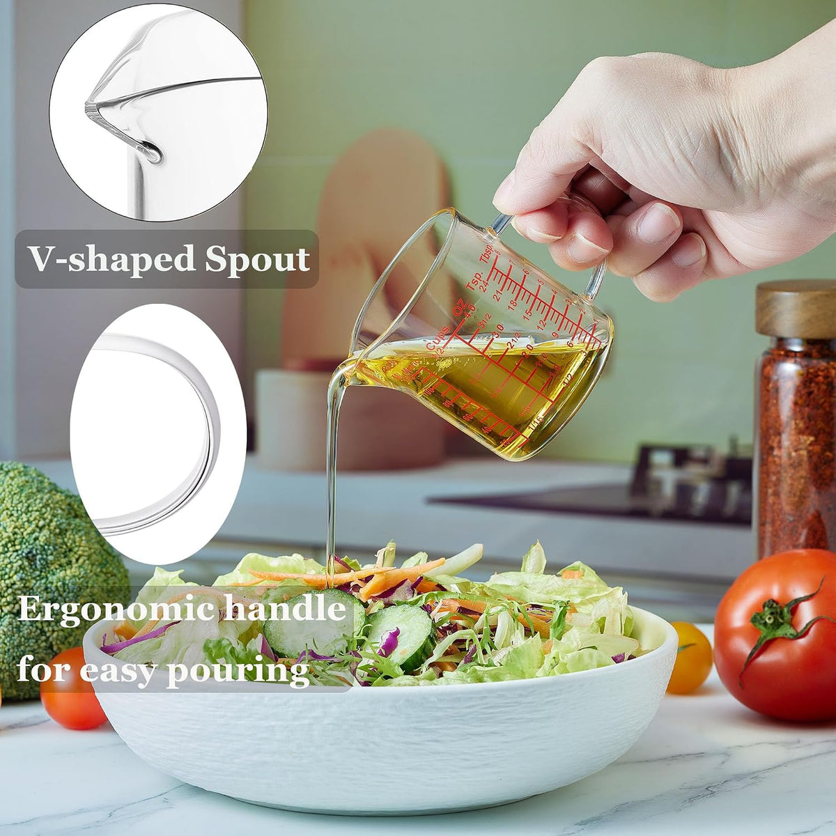 Glass Measuring Cup-[Insulated handle | V-Shaped Spout]-Made of High Borosilicate Glass Measuring Cup for Kitchen or Restaurant, Easy to Read, 250 ML (8 Oz, 1 Cup)