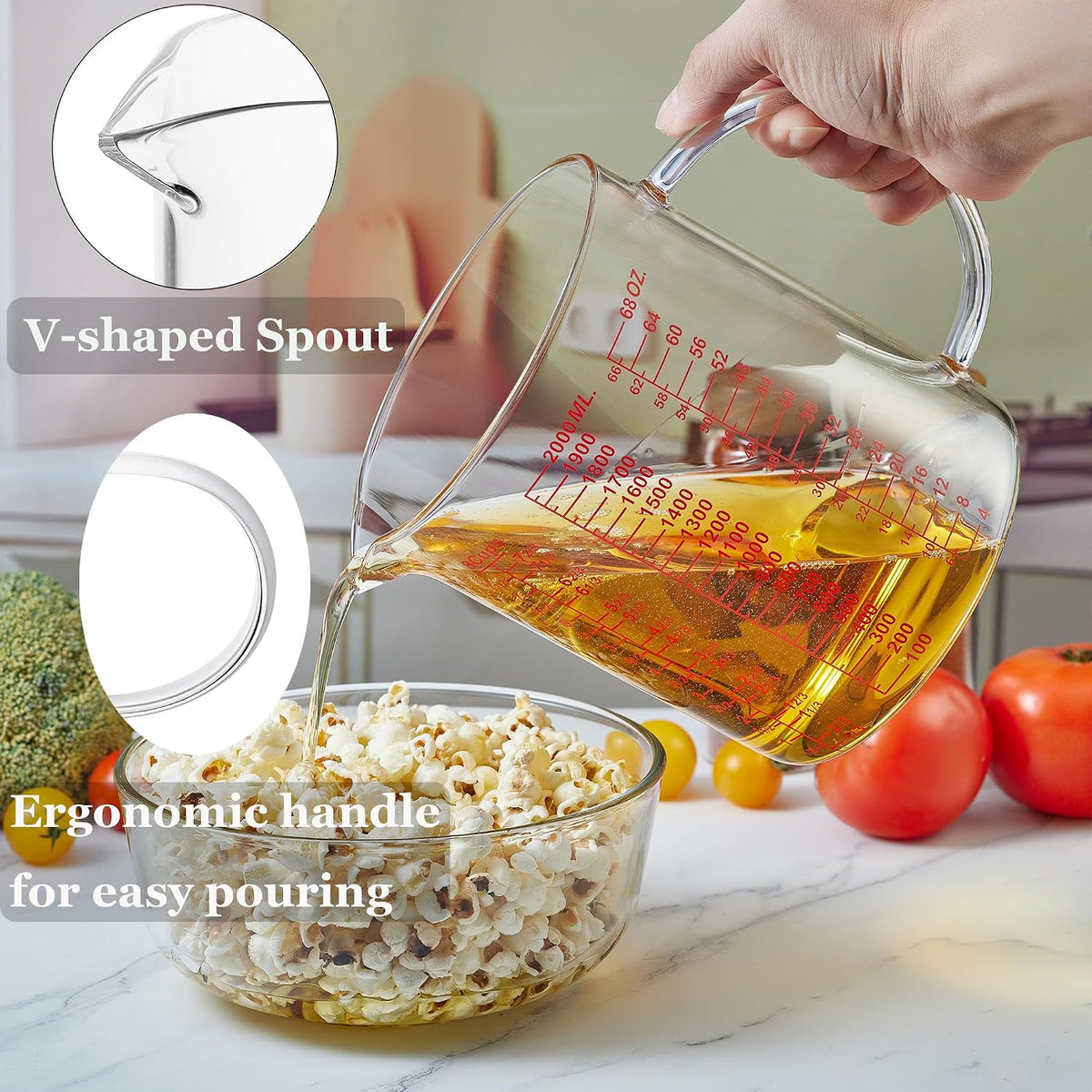 Glass Measuring Cup-[Insulated handle | V-Shaped Spout]-Made of High Borosilicate Glass Measuring Cup for Kitchen or Restaurant, Easy to Read, 250 ML (8 Oz, 1 Cup)