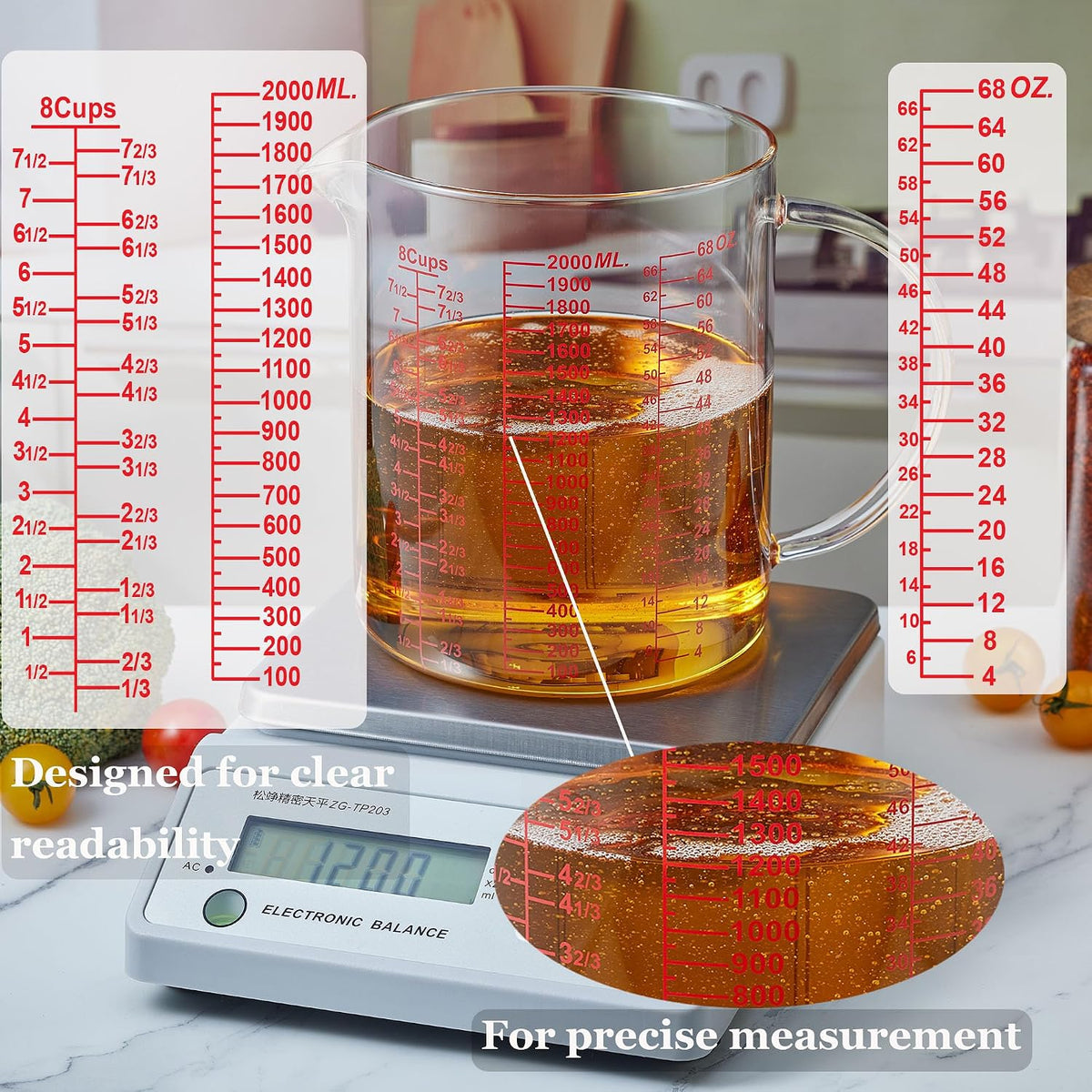 Glass Measuring Cup-[Insulated handle | V-Shaped Spout]-Made of High Borosilicate Glass Measuring Cup for Kitchen or Restaurant, Easy to Read, 250 ML (8 Oz, 1 Cup)