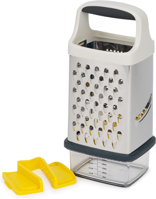 Multi-Grip Box Grater with Precision food grip, Stainless Steel blades for grating and slicing, non-slip base, Dishwasher safe