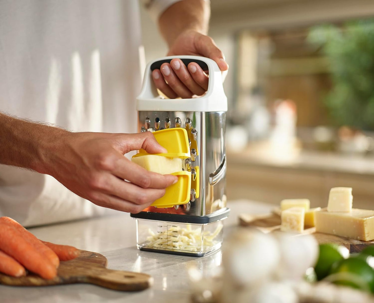 Multi-Grip Box Grater with Precision food grip, Stainless Steel blades for grating and slicing, non-slip base, Dishwasher safe
