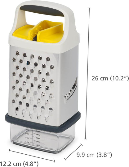 Multi-Grip Box Grater with Precision food grip, Stainless Steel blades for grating and slicing, non-slip base, Dishwasher safe