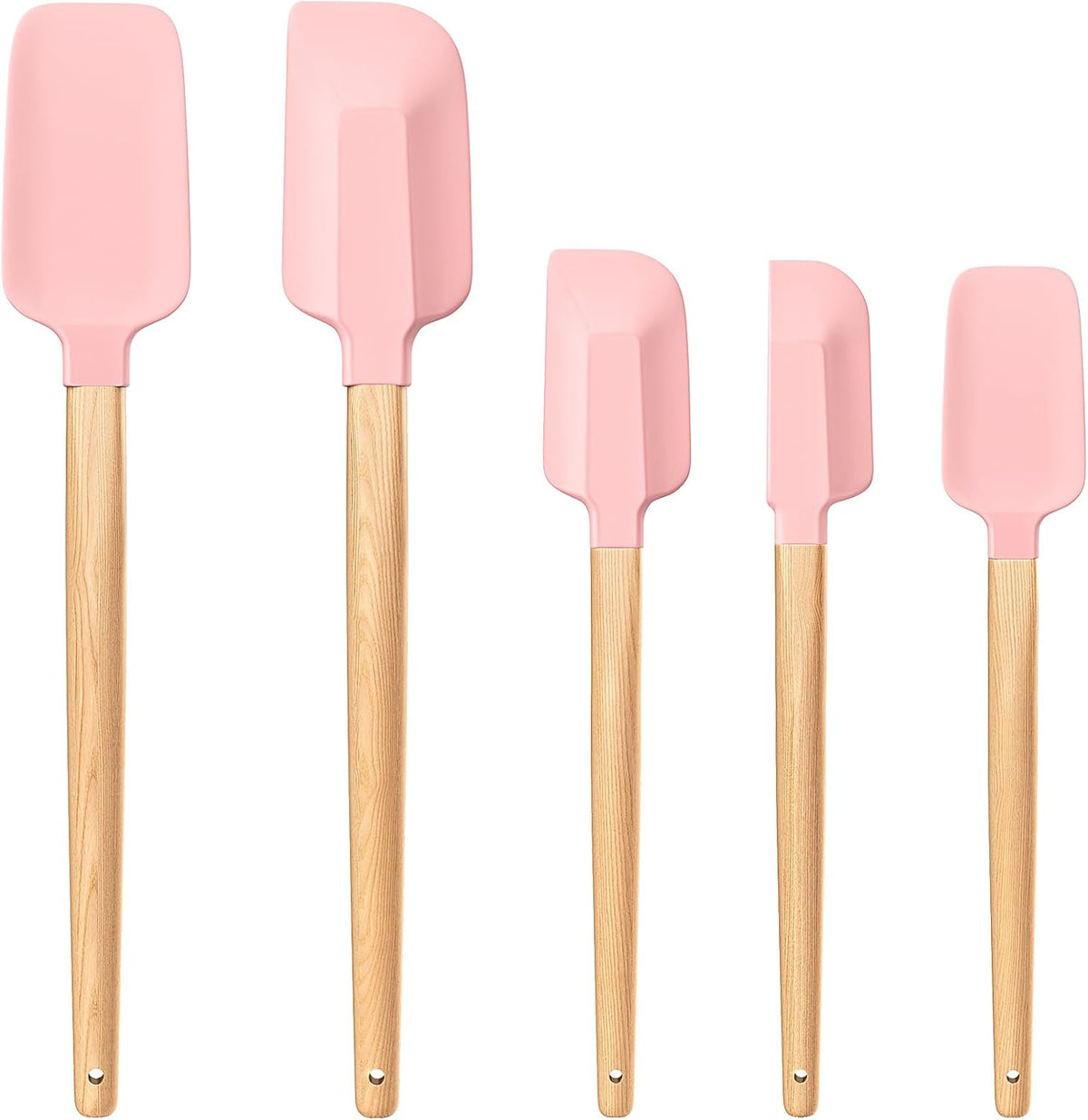 Wooden Handle Silicone Rubber Spatula Set 5 Piece for Kitchen Baking, Jars,Cooking, and Mixing High Heat Resistant Non Stick Dishwasher Safe BPA-Free (Pink)