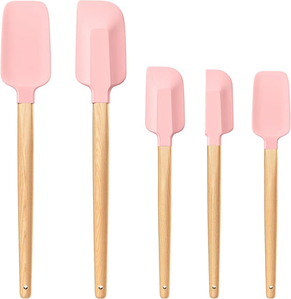 Wooden Handle Silicone Rubber Spatula Set 5 Piece for Kitchen Baking, Jars,Cooking, and Mixing High Heat Resistant Non Stick Dishwasher Safe BPA-Free (Pink)