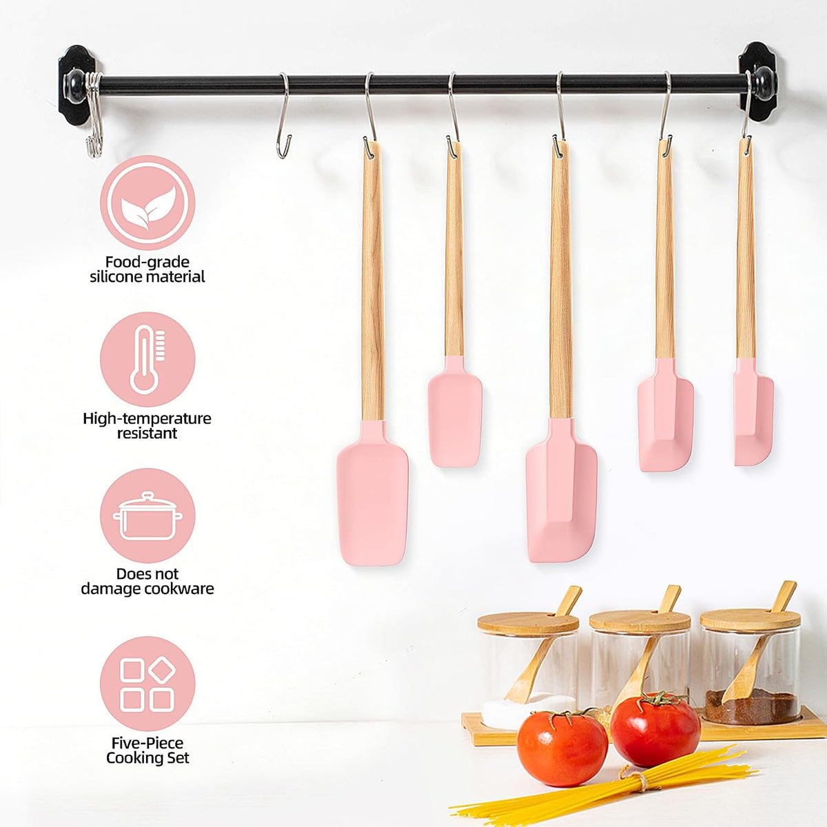 Wooden Handle Silicone Rubber Spatula Set 5 Piece for Kitchen Baking, Jars,Cooking, and Mixing High Heat Resistant Non Stick Dishwasher Safe BPA-Free (Pink)
