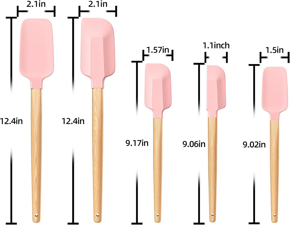 Wooden Handle Silicone Rubber Spatula Set 5 Piece for Kitchen Baking, Jars,Cooking, and Mixing High Heat Resistant Non Stick Dishwasher Safe BPA-Free (Pink)
