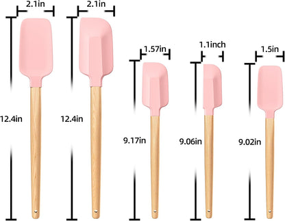 Wooden Handle Silicone Rubber Spatula Set 5 Piece for Kitchen Baking, Jars,Cooking, and Mixing High Heat Resistant Non Stick Dishwasher Safe BPA-Free (Pink)