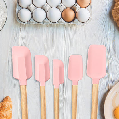 Wooden Handle Silicone Rubber Spatula Set 5 Piece for Kitchen Baking, Jars,Cooking, and Mixing High Heat Resistant Non Stick Dishwasher Safe BPA-Free (Pink)