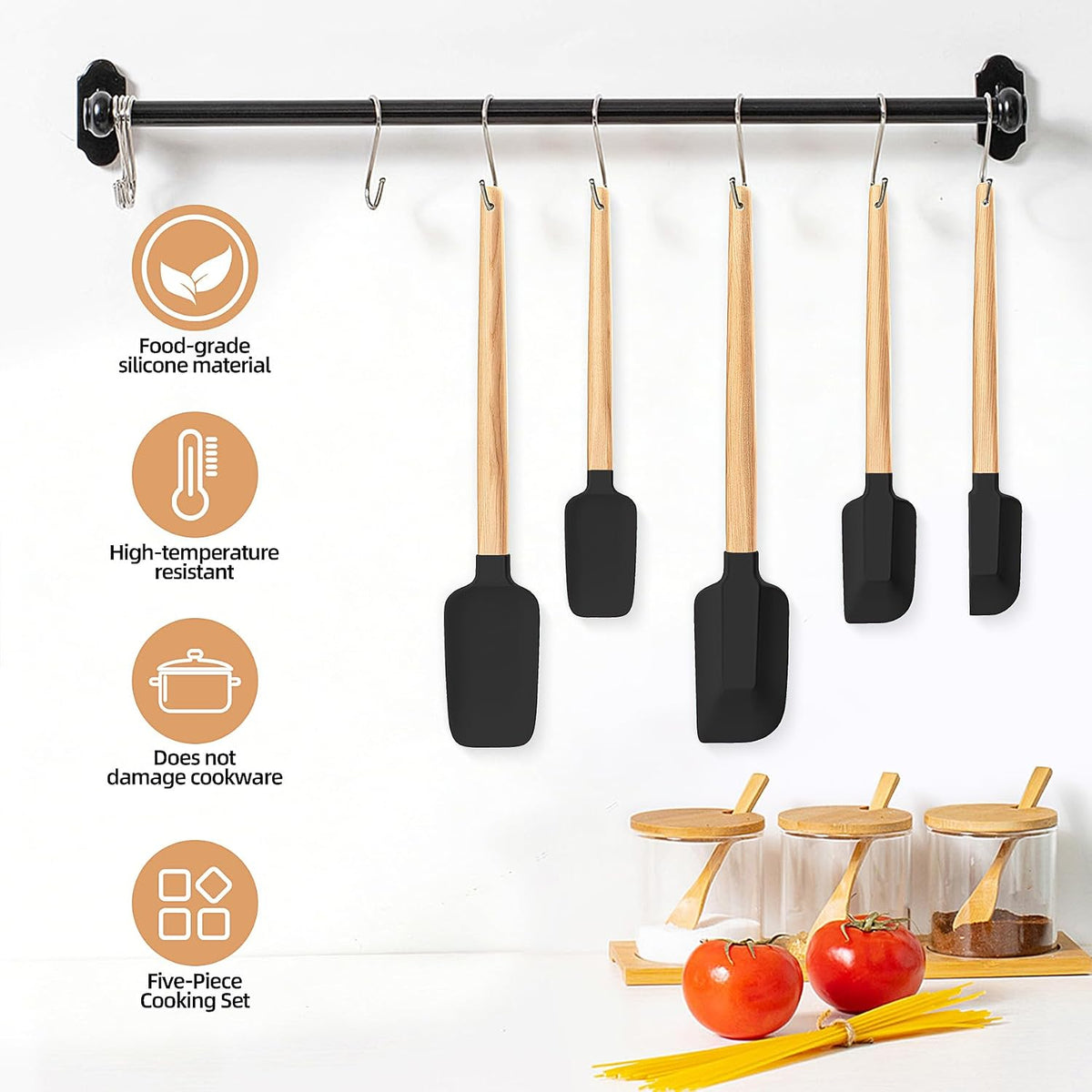 Wooden Handle Silicone Rubber Spatula Set 5 Piece for Kitchen Baking, Jars,Cooking, and Mixing High Heat Resistant Non Stick Dishwasher Safe BPA-Free (Pink)