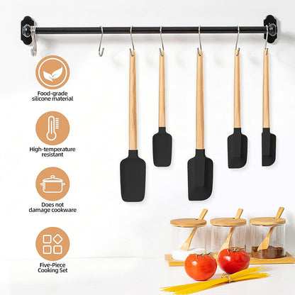 Wooden Handle Silicone Rubber Spatula Set 5 Piece for Kitchen Baking, Jars,Cooking, and Mixing High Heat Resistant Non Stick Dishwasher Safe BPA-Free (Pink)
